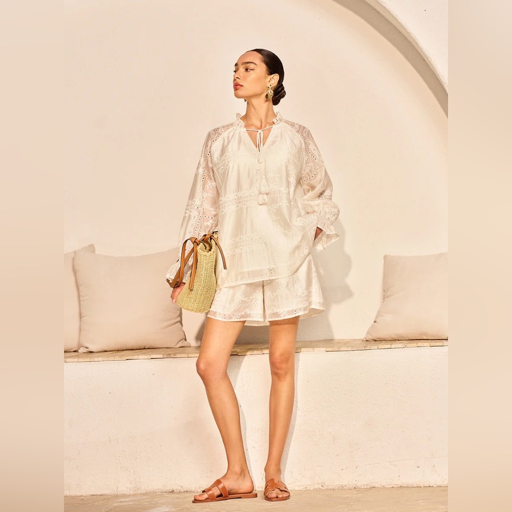Commense Embroidery Detail Long Sleeve Shorts Set